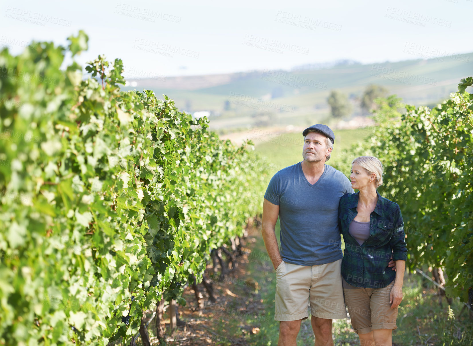 Buy stock photo Couple, vineyard and agriculture for business people, farm or wine production in winery. Grapes, plants and relax for proud man and female person or owner, Italy or countryside for eco friendly crops