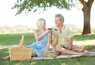 Buy stock photo A happy husband and wife having a picnic outside in a park on a summer's day