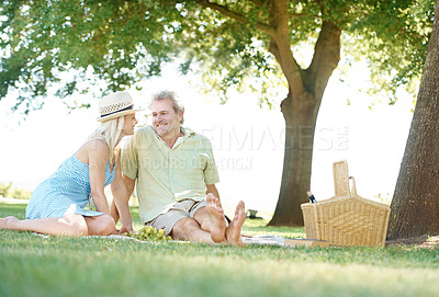 Buy stock photo A smiling husband and wife enjoying a leisurely picnic in the park