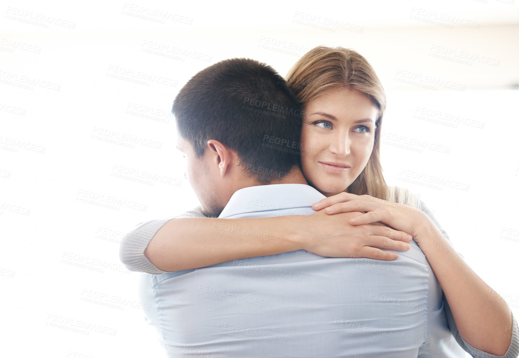 Buy stock photo Couple, love and hug for care, support and affection with thank you or gratitude on white background. Man and woman with security, safe and cuddle with kindness and thinking of marriage at home