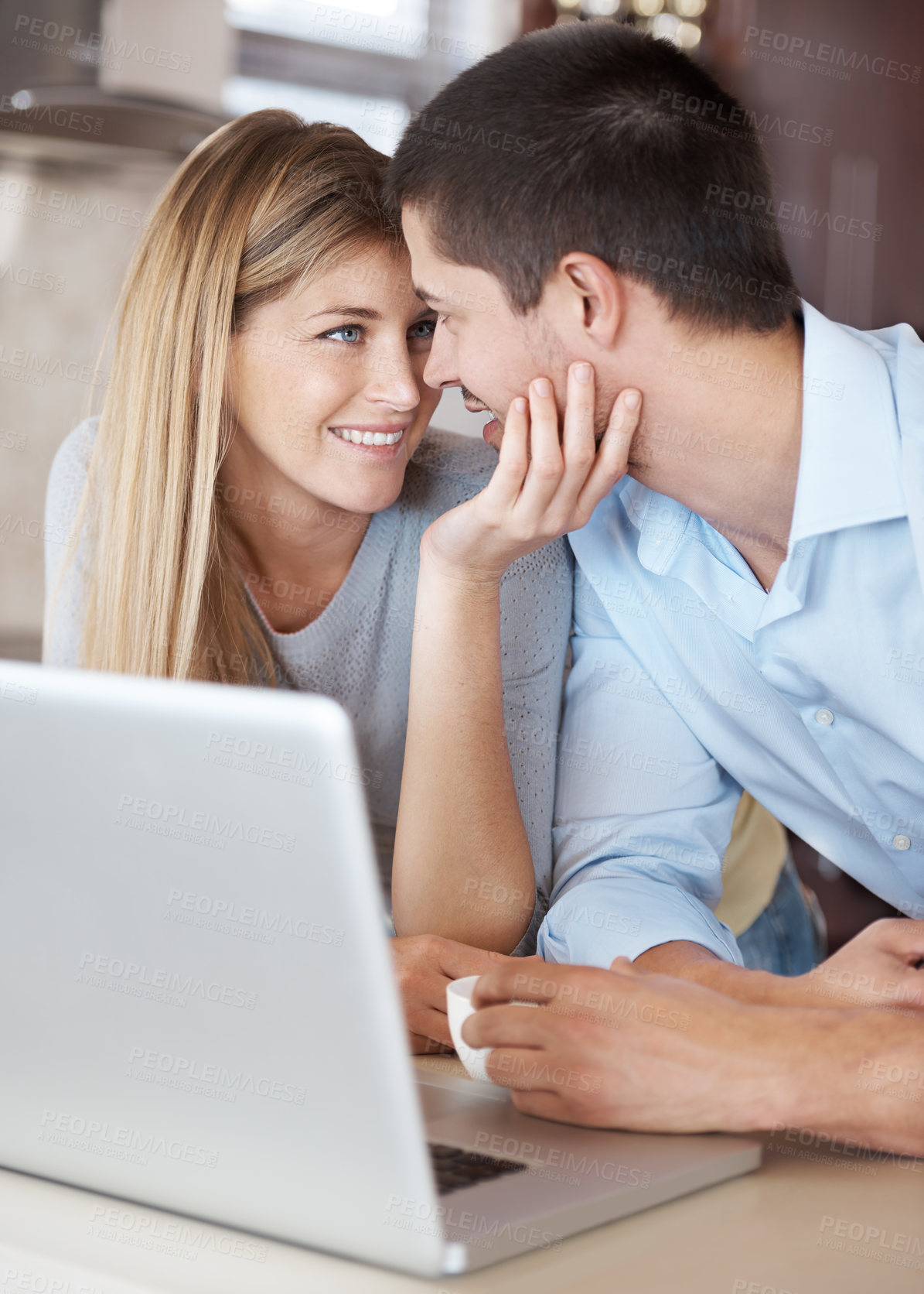 Buy stock photo Couple, laptop and love in morning at home for online streaming, connection and respect with affection for support. Internet, admiration and trust with relationship, romance and happiness with care.