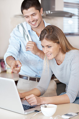 Buy stock photo Couple, kitchen and laptop for reading recipe, planning and online shopping at home with food choice. Woman and man with decision on computer and e commerce website, blog or information for lunch