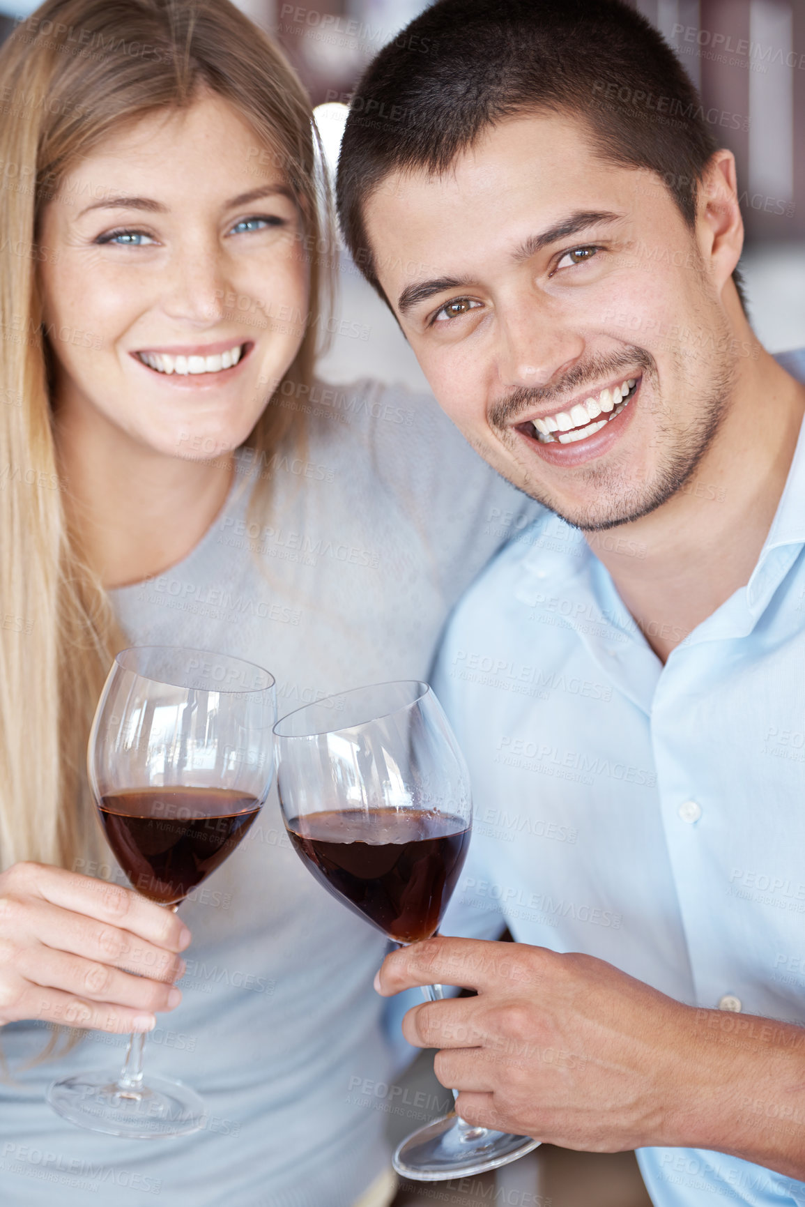 Buy stock photo Happy couple, portrait and wine with glass for date, love or romance in kitchen at home. Man and woman with smile enjoying alcohol, drink or beverage together on romantic dinner or meal at house