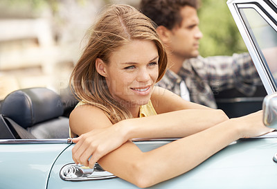 Buy stock photo Woman, happy and road trip in car for travel, drive and journey with explore, adventure or vacation. Couple, smile and date in convertible with driving for crazy summer, holiday or freedom outdoor