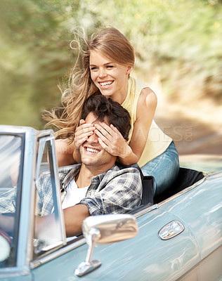 Buy stock photo Road trip, travel and couple covering eyes in car for danger or fun on holiday and vacation. Happy, love or smile with man and woman driving in vehicle for journey or transport to destination