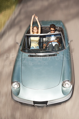 Buy stock photo Couple, driving and freedom in sports car on road trip, holiday or above highway on vacation adventure. Luxury, convertible and people relax with happiness on journey in summer with transportation