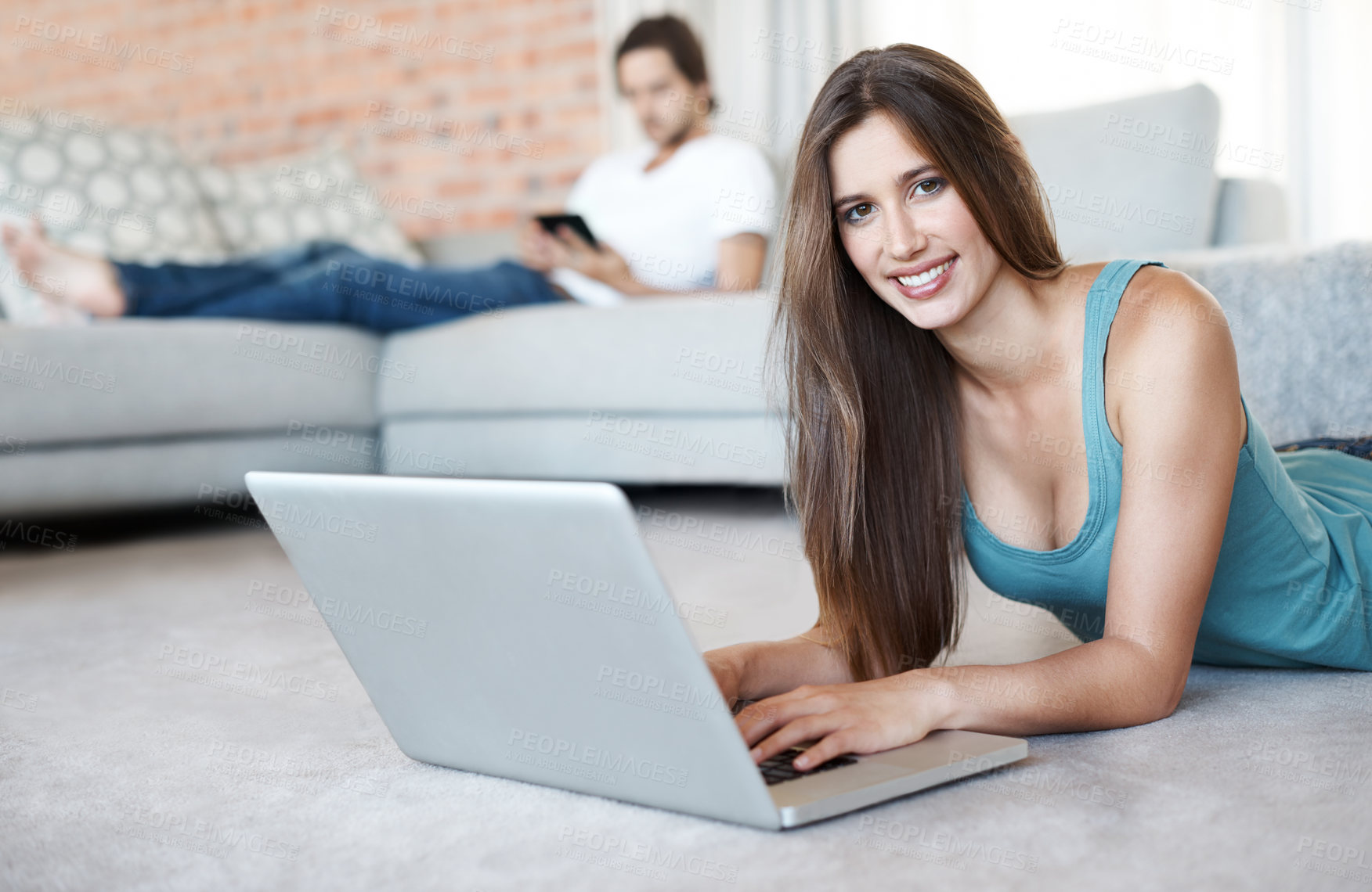 Buy stock photo Portrait, happy and woman on floor with laptop at home or living room to relax by streaming internet for entertainment. Smile, female person and digital technology for reading blog on website