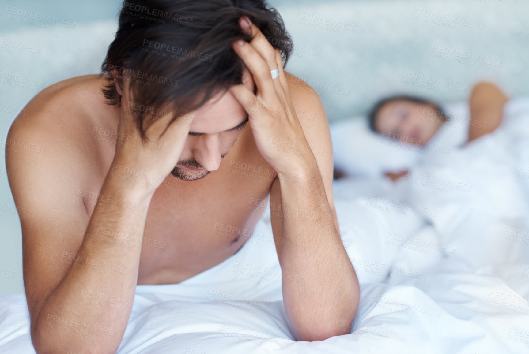 Buy stock photo Depression, man and bed with partner in bedroom for stress, headache and toxic relationship at home. Mental health, sad person and woman asleep for disagreement, anger and infertility or fatigue