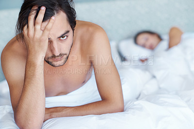 Buy stock photo Man, depressed and bed with portrait for stress, headache or toxic relationship at home. Mental health, sad person or woman asleep for disagreement, anger and conflict of insomnia, anxiety or crisis