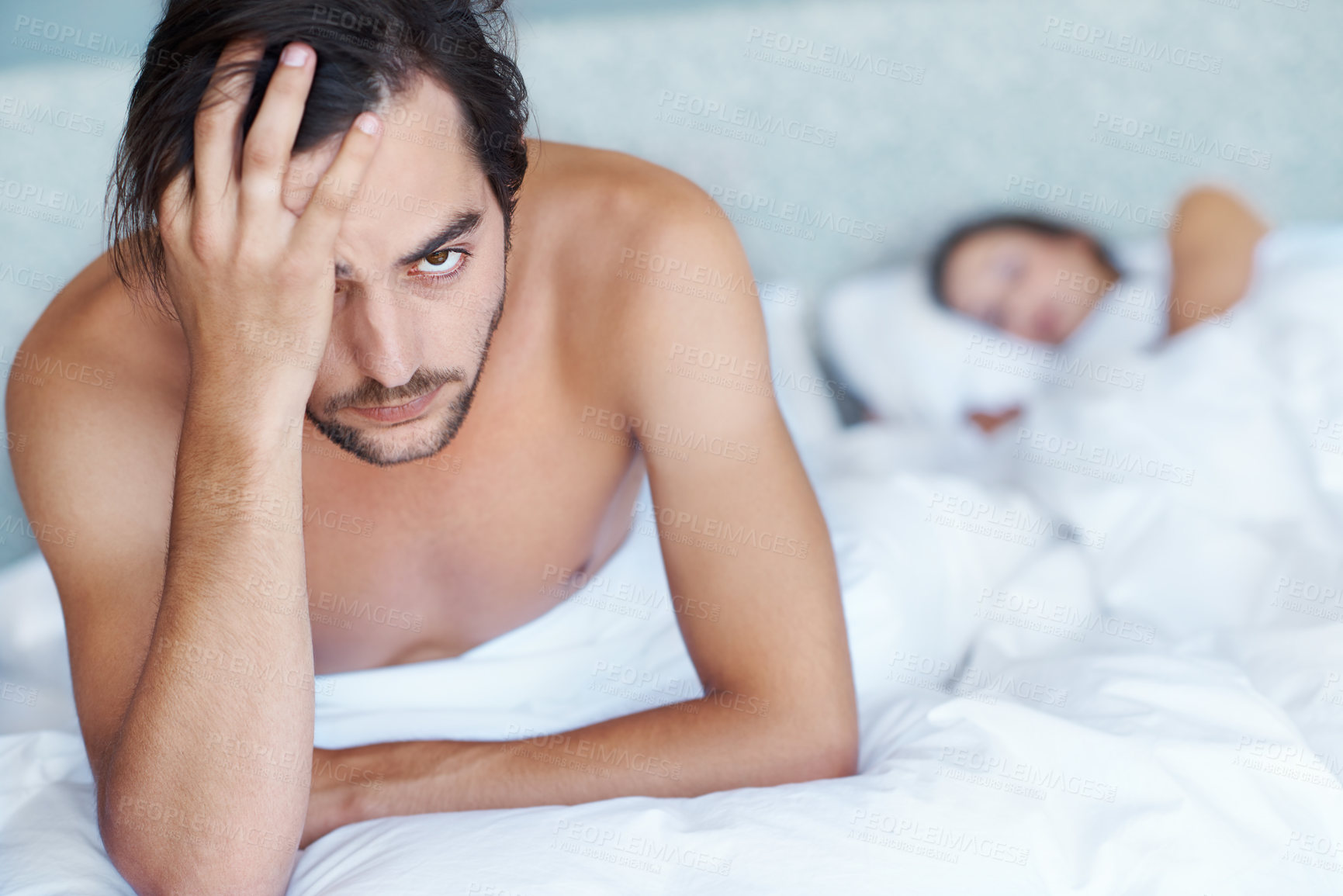 Buy stock photo Man, depressed and bed with portrait for stress, headache or toxic relationship at home. Mental health, sad person or woman asleep for disagreement, anger and conflict of insomnia, anxiety or crisis