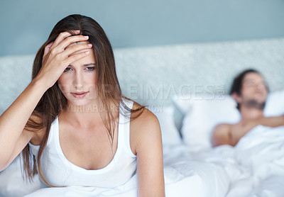 Buy stock photo Stress, conflict and couple in bed for fight, argument and problem in bedroom with anxiety. Marriage crisis, divorce and frustrated woman with insomnia with man for disagreement, impotence and doubt