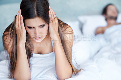 Buy stock photo Stress, insomnia and couple in bed for fight, argument and problem in bedroom with anxiety. Marriage crisis, divorce and frustrated woman with man for disagreement, impotence and thinking in morning