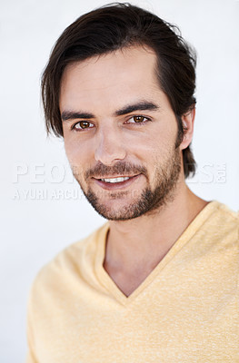 Buy stock photo Fashion, smile and portrait of man on a white background with trendy, casual and summer clothes isolated in studio. Stylish, handsome and face of male model with happy attitude, confidence and style