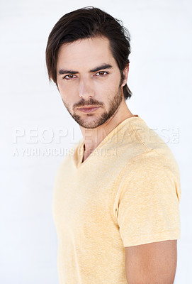 Buy stock photo Portrait, model and fashion with a man in studio isolated on a white background for a magazine cover or style. Fashion model, marketing and advertising with a male on blank branding space