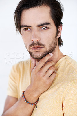 Buy stock photo Idea, studio face and man thinking, pensive and focus on contemplating problem solving plan. Question, doubt and puzzled model think of solution, decision or choice isolated on white background wall