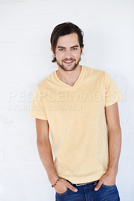 Buy stock photo Handsome young man, smile and hands in pocket for casual fashion against white studio background. Portrait of isolated attractive male standing and smiling in happiness or profile on white background