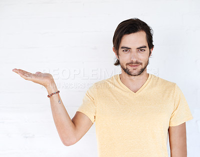 Buy stock photo Mockup gesture, studio portrait and man with sales promotion, luxury present gift or discount deal mock up. Marketing space, product placement or advertising model isolated on white background wall