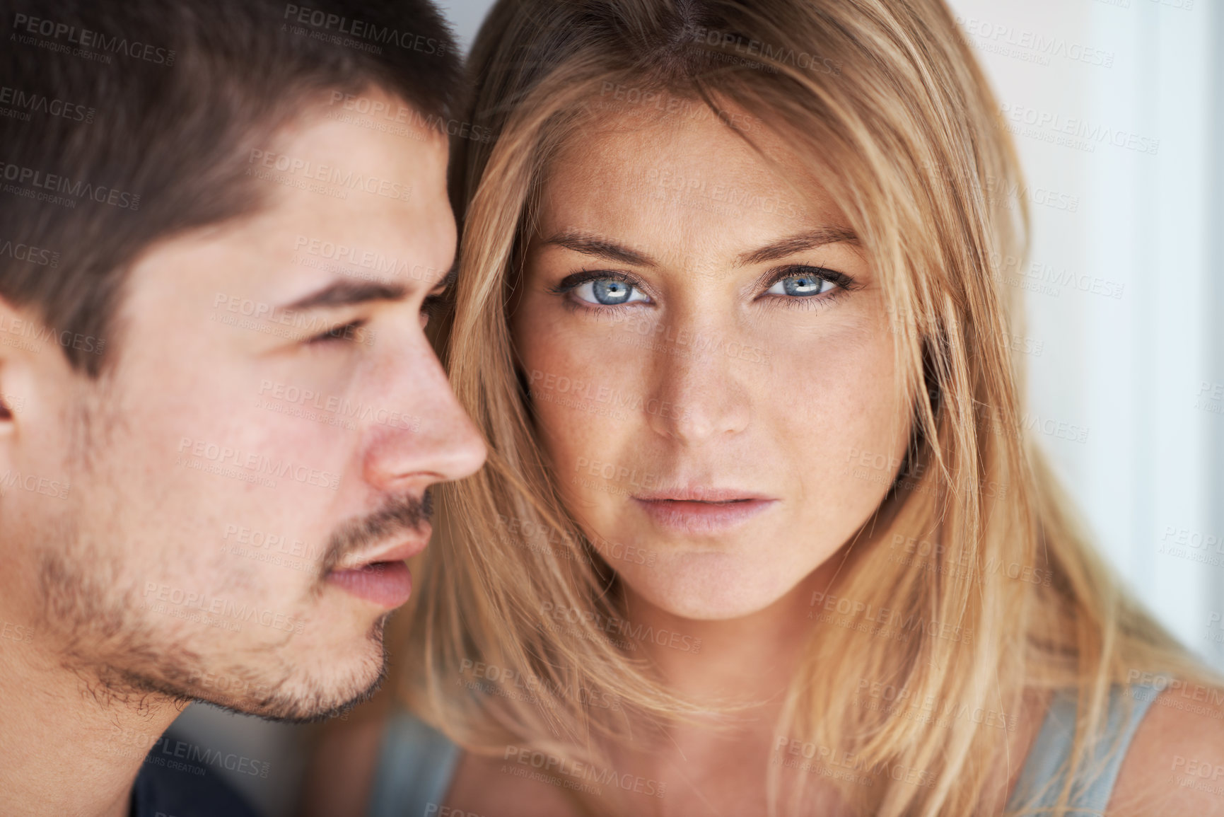 Buy stock photo Closeup, love and portrait of couple in home for bonding, loving relationship and together on weekend. Dating, serious and face of man and woman embrace in house for romance, care and commitment 