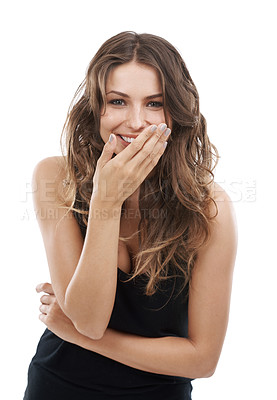 Buy stock photo Smiling young woman with her hand at her mouth 