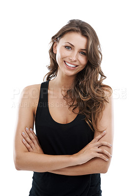 Buy stock photo Attractive young woman smiling while isolated on white