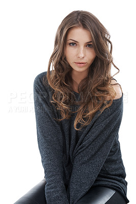 Buy stock photo Attractive young brunette looking at the camera while isolated on white