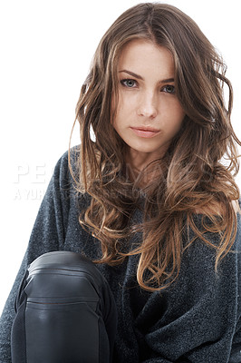 Buy stock photo Attractive young brunette looking at the camera while isolated on white
