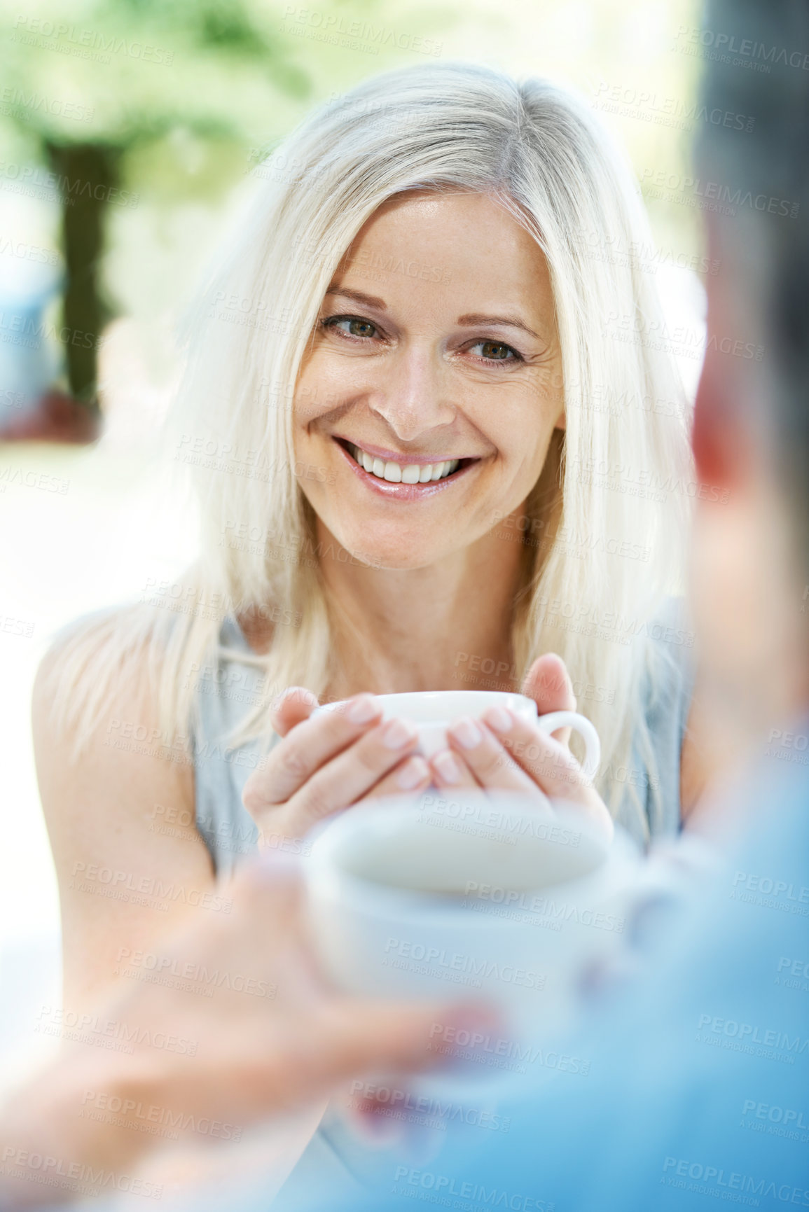 Buy stock photo Mature, relax and coffee in morning, smile and conversation with happiness, weekend break and bonding together. Love, man and woman with tea, cappuccino and espresso with marriage, home and romance