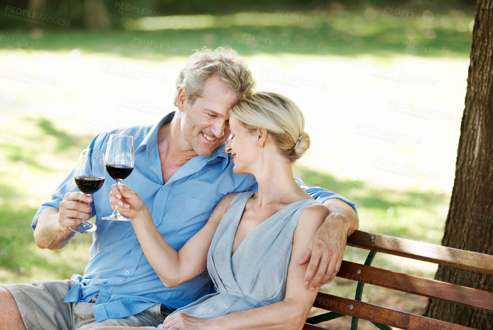 Buy stock photo Happy people, mature and wine toast on bench, outdoor or relax for celebration on vineyard estate. Woman, man and anniversary with cheers on date, vacation or holiday in France for calm, peace or zen