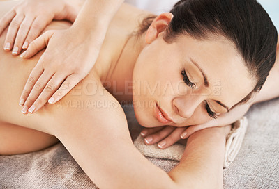 Buy stock photo Woman, relax and hands with back massage on bed at spa for peace, self care and luxury service. Hotel, masseuse and zen female client with body care for hospitality, treatment and holistic healing