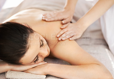 Buy stock photo Woman, hands and masseuse for back therapy, peace and massage for body care treatment in outdoor. Female person, calm and detox for self care or holistic healing, zen and relief for muscle at hotel