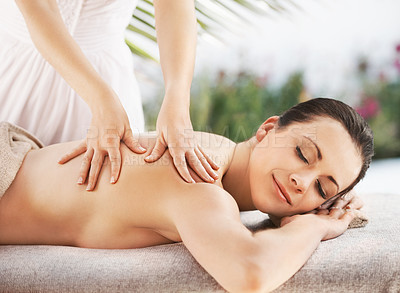 Buy stock photo Woman, hands and masseuse for therapy service, peace and massage for bodycare treatment in outdoor. Female person, calm and detox for self care or holistic healing, zen and relief muscle at hotel