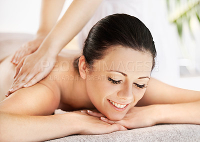 Buy stock photo Woman, hands and masseuse for spa therapy, peace and massage for body treatment in outdoor. Female person, calm and detox for self care or holistic healing, zen and relief for muscle at hotel