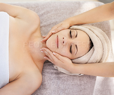 Buy stock photo Facial, massage and woman on table in spa for relax, skincare and holistic wellness. Female client, beauty service and zen sleep for physical therapy with masseuse, detox treatment and peace in hotel