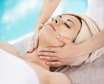 Buy stock photo Neck massage, woman and relax in spa for muscle tension, peace and holistic wellness. Female person, beauty service and sleeping for aromatherapy with masseuse hands, reiki treatment and skin health