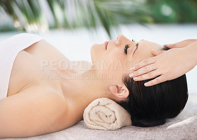 Buy stock photo Woman, hands and masseuse for facial cosmetics, peace and massage for skincare treatment in outdoor. Female person, calm and detox for cosmetics or holistic healing, spa beauty and service at hotel