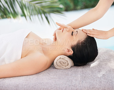 Buy stock photo Woman, hands and masseuse for facial beauty, peace and massage for skincare treatment in outdoor. Female person, calm and detox for cosmetics or holistic healing, spa therapy and cosmetics at hotel