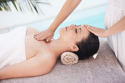 Buy stock photo Woman, hands and masseuse for facial treatment, peace and cosmetics for skincare therapy in outdoor. Female person, calm and detox for support or holistic healing, spa beauty and service at hotel