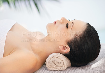 Buy stock photo Woman, sleeping and massage table or outside, hospitality and relax in hotel on vacation or resting on weekend break. Towel, wellness spa and self care in resort for health, salon and client