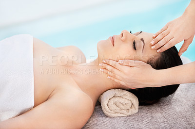 Buy stock photo Woman, hands and sleeping for facial massage, peace and wellness for skincare treatment in outdoor. Calm person, masseuse and detox for cosmetics, holistic healing and service at hotel or beauty spa