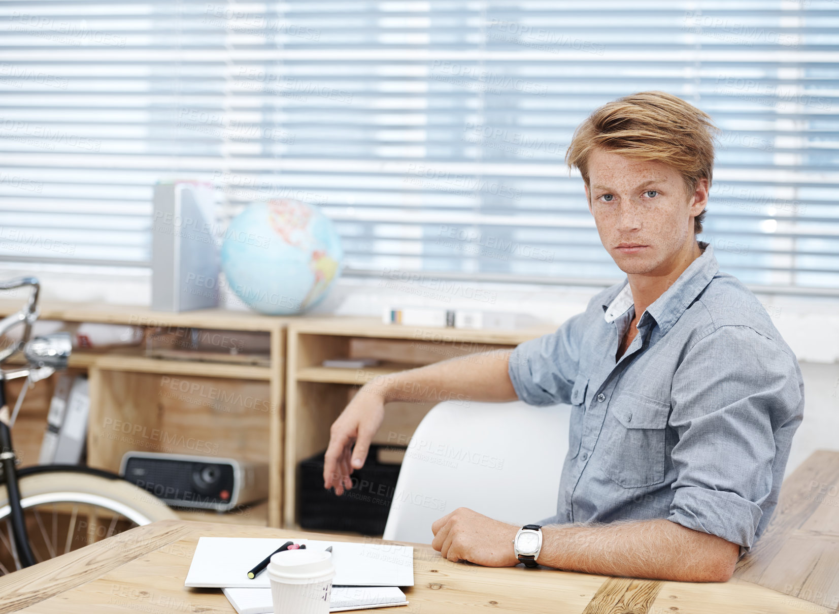 Buy stock photo Portrait, serious and man with notebook in office as designer for research, information or creative drawing for project. Pensive, male person and developer planning, artistic or startup proposal idea