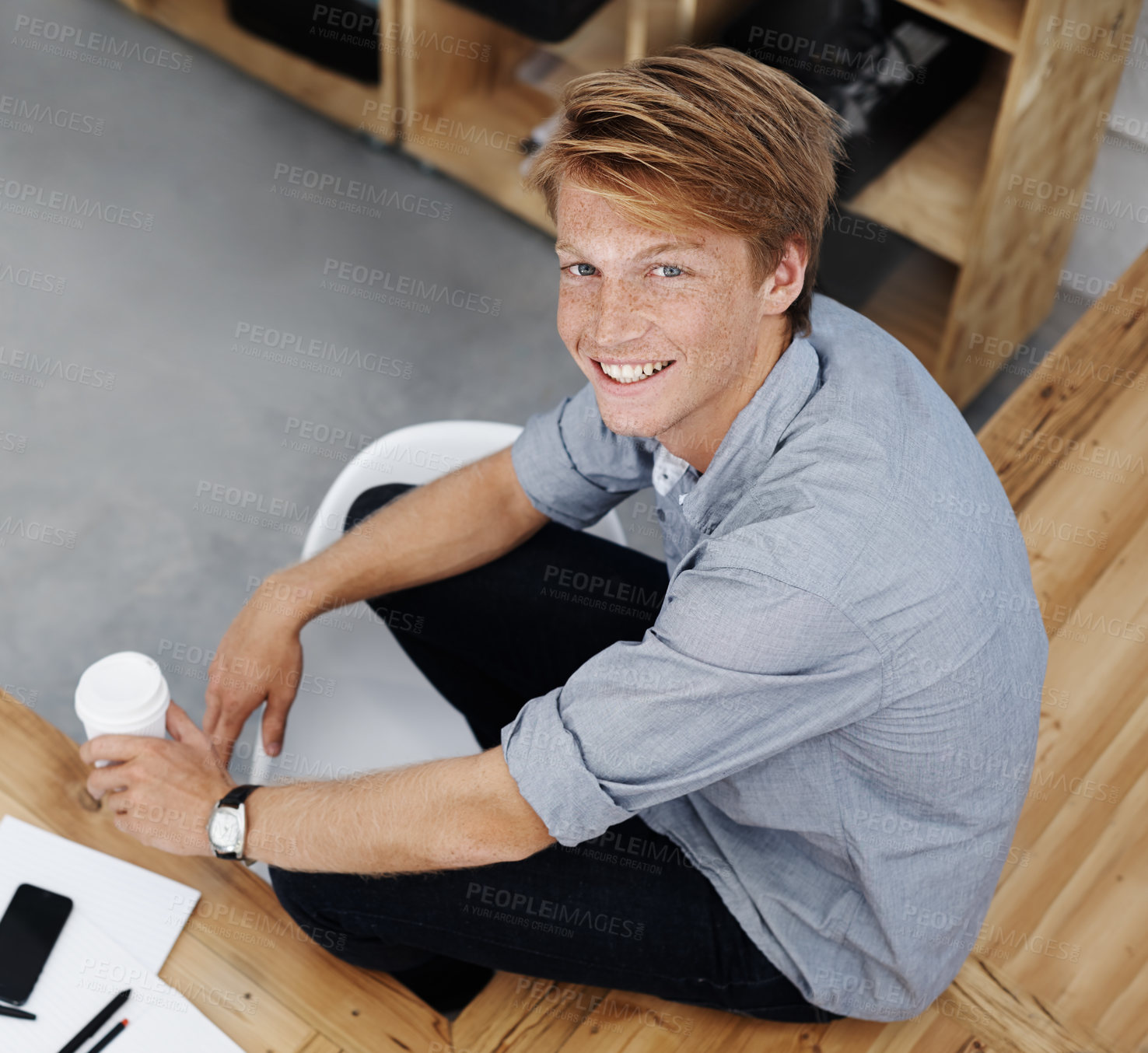 Buy stock photo Portrait, startup and man with coffee in office, graphic designer and happiness with creative agency. Face, person and entrepreneur with morning tea, relax and break for cappuccino and business owner