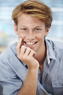 Buy stock photo Business, man and smile for portrait in office as designer or ideas, career and planning for project development. Happy, male developer and brainstorming, creative and startup proposal goal
