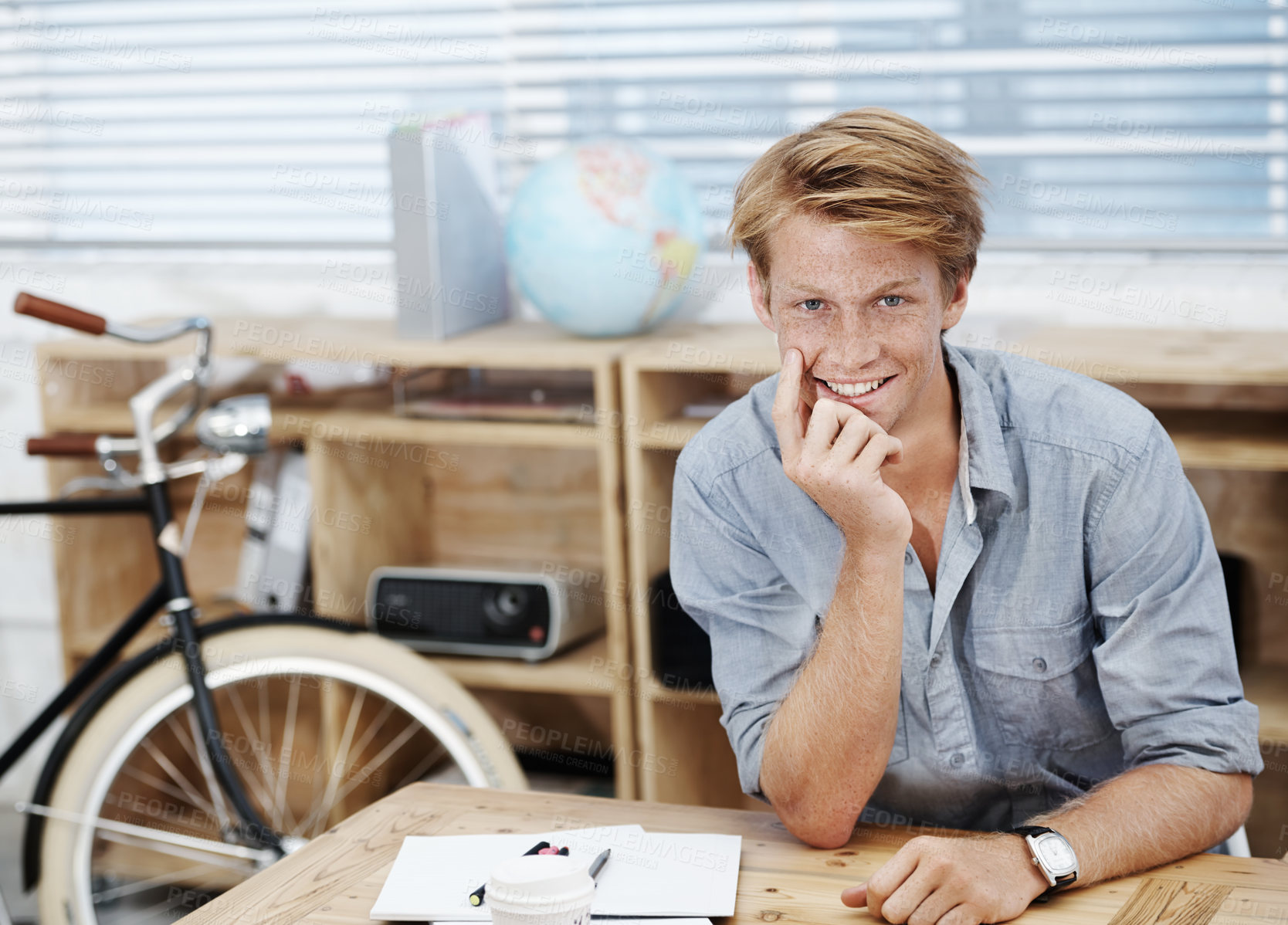 Buy stock photo Happy, portrait and man with notebook in office as designer for research, information and creative drawing for project. Smile, male person and developer planning, artistic and startup proposal idea