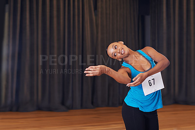 Buy stock photo Woman, dancing and performing her routine in studio for auditions, art casting or creative school examination. Athletic, person and movement for balance, grace and physical activity or exercise