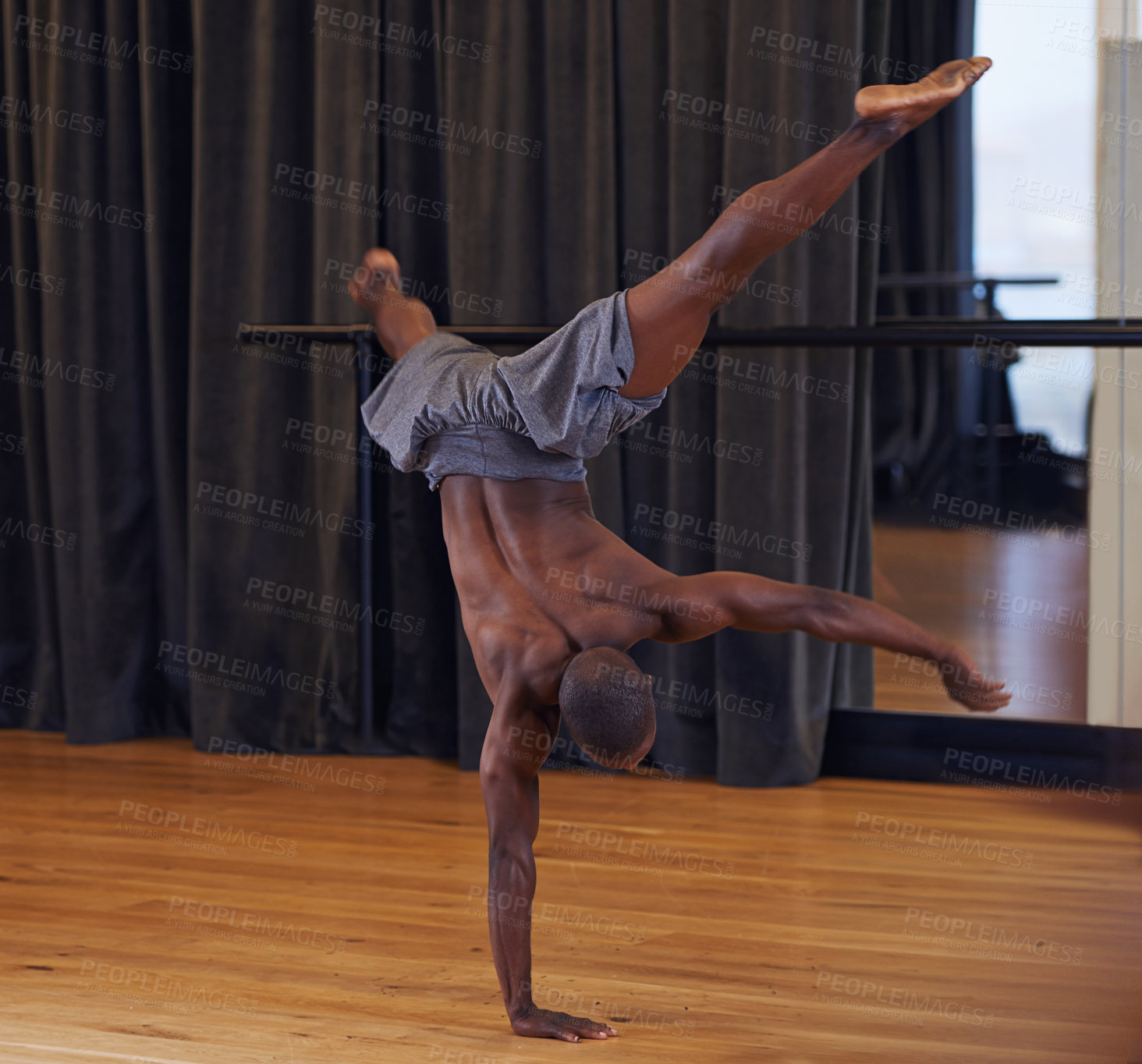 Buy stock photo Dance, talent and body in studio for performance, competition show and training with contemporary art. Black man, audition and exercise with balance for health, power movement and activity in class