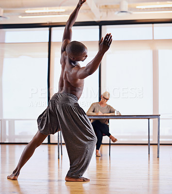 Buy stock photo Judge, dancer and ballet in audition for creativity, performance with energy and movement in studio. Dancing, action and moving with grace, contemporary for art and people at academy for talent show