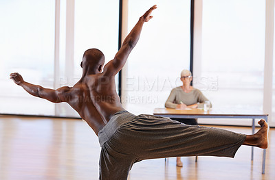 Buy stock photo Judge, dancer and people with audition performance for talent show, energy and movement for creativity. Dancing, action and moving, ballet or contemporary for art with sport and contest at academy