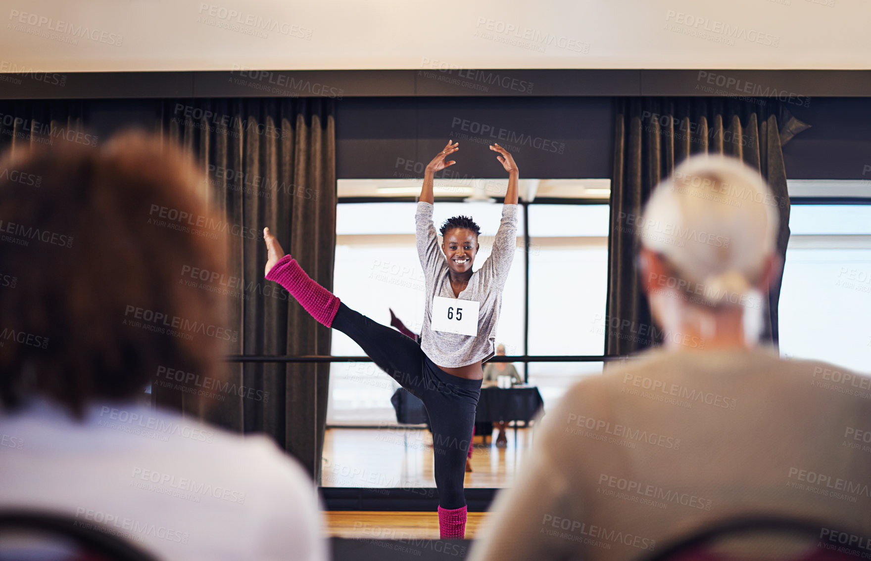 Buy stock photo Portrait, girl and dancer with smile, judge and art of dancing, health and energy in audition and flexible. Ballet, elegant and African female person, stage and performance of balance, show or talent