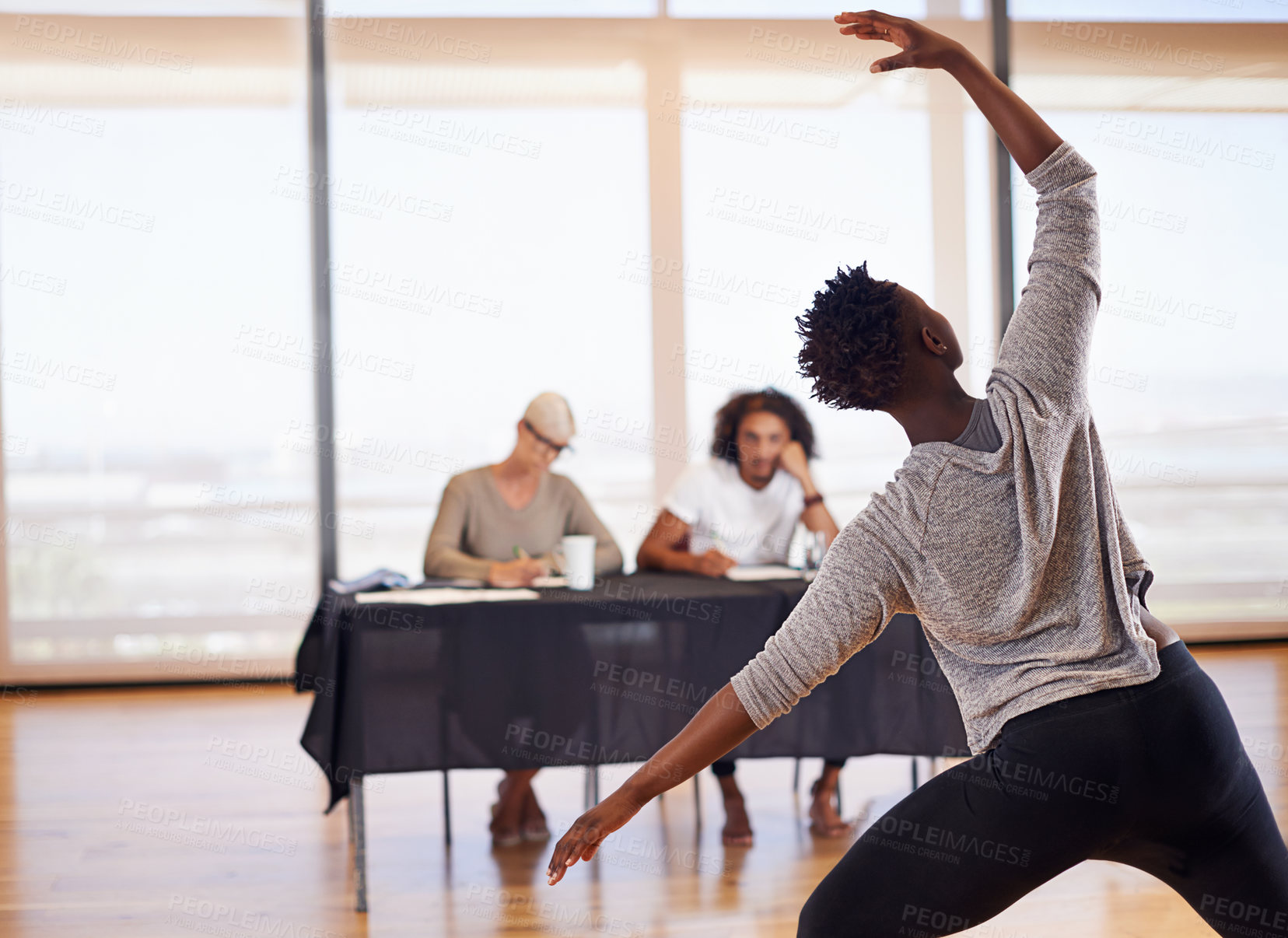 Buy stock photo Audition, girl and dancer, dancing and performance, art and health in competition and flexible. Ballet, elegant and African female person, stage and jump with balance, body and show for talent