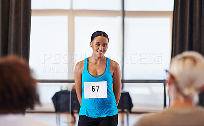 Buy stock photo Black woman, dancer and smile with audition for competition with judges and passion for career. Female person, happy and confident for casting opportunity or performance with talent and growth